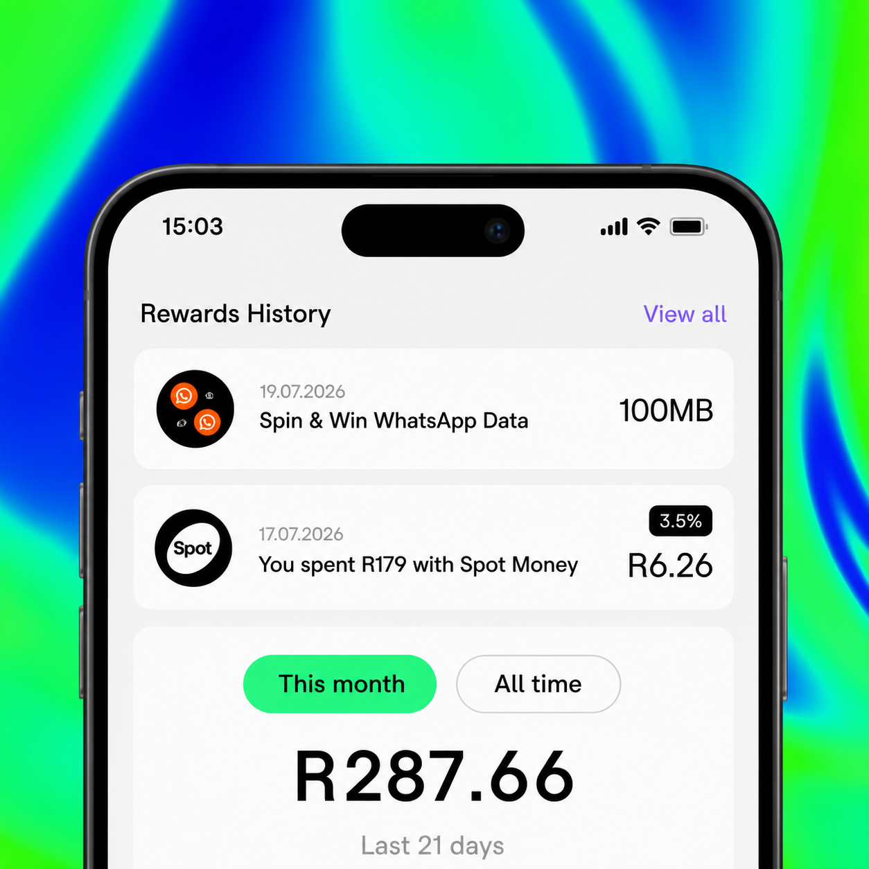 Airtime Rewards history in the Spot App