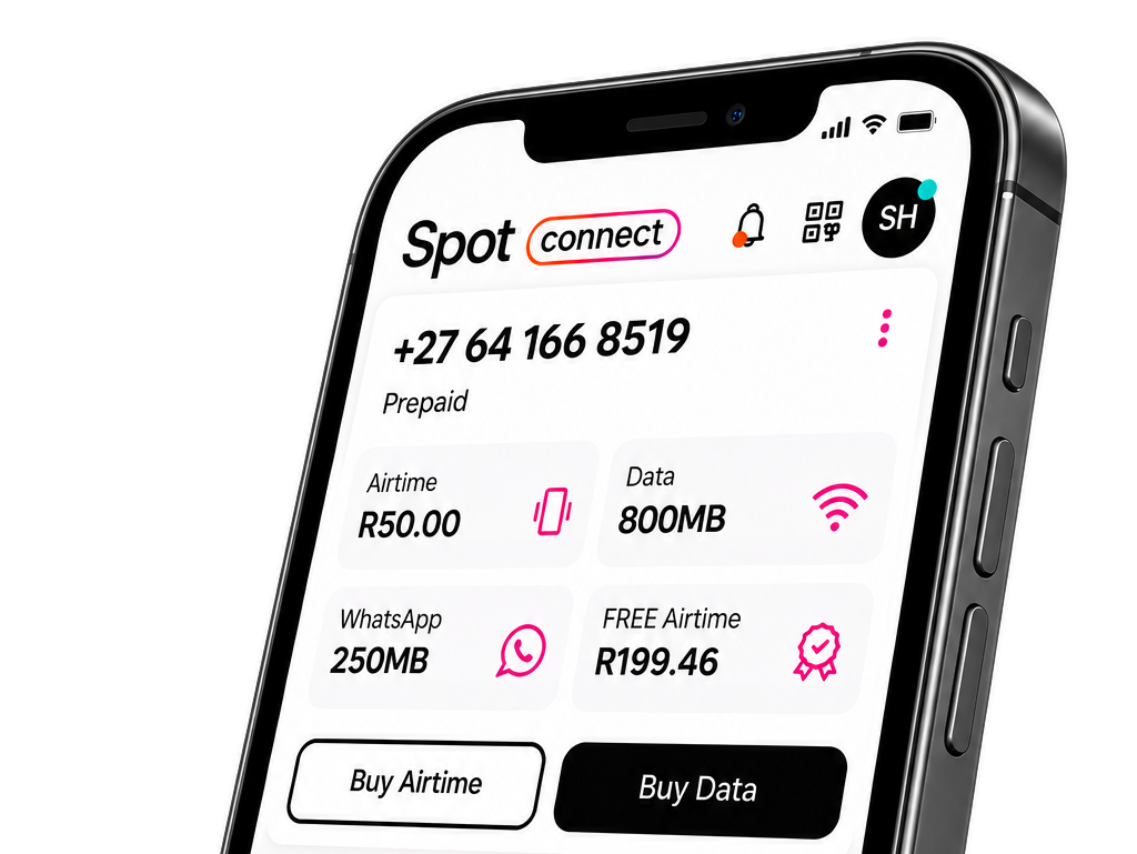 Spot Connect App showing airtime, data and rewards balances